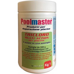 TRICLORO multiaction in Pastiglie da 200 g per Acqua Piscina, Formula 5 Azioni, Barattolo 1 kg - Poolmaster