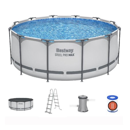 Bestway 56420 Power Steel Pro MAX 366x122cm - Piscina Fuori Terra Rotonda con Pompa di Filtrazione, Scaletta, Telo di Copertura