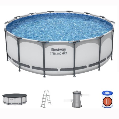 Bestway 5612X Power Steel Pro MAX 427x122cm - Piscina Fuori Terra Rotonda con Pompa di Filtrazione, Scaletta, Telo di Copertura