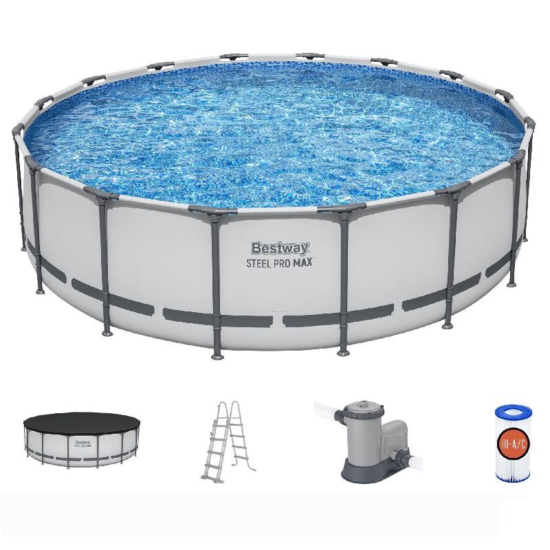 Bestway 5612Z Power Steel Pro MAX 488x122cm - Piscina Fuori Terra in PVC Rotonda con Pompa di Filtrazione a Cartuccia, Scaletta